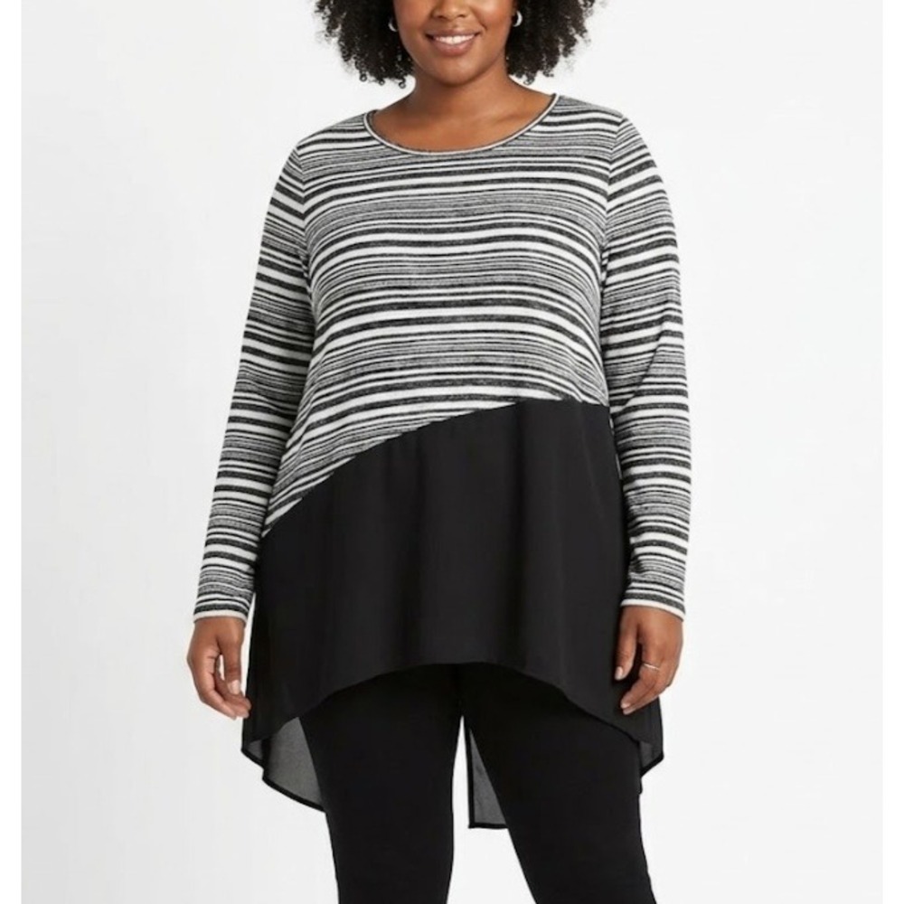 New INC‎ International Concepts Black White Striped Slit Back Knit Top XL